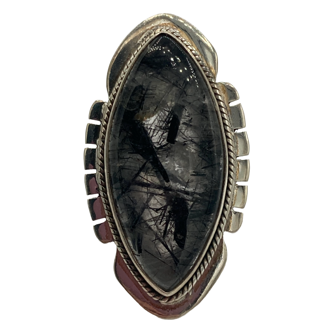 Black Tourmaline Quartz Feather Ring
