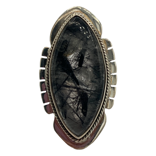 Black Tourmaline Quartz Feather Ring