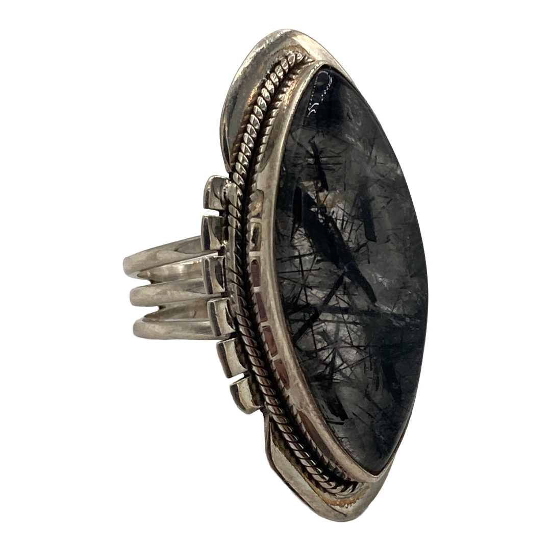 Black Tourmaline Quartz Feather Ring