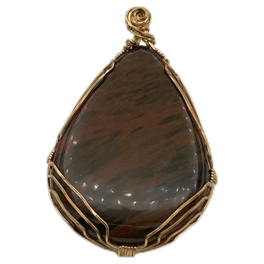 Teardrop-shaped brown stone pendant with gold wire wrapping on a white background